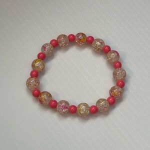 Handmade Elastic Bracelet with Clear Crackled Splatter and Pink Beads